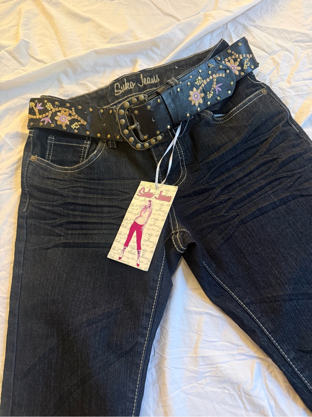 Y2K Suko Jeans Capris with Studded Floral Belt